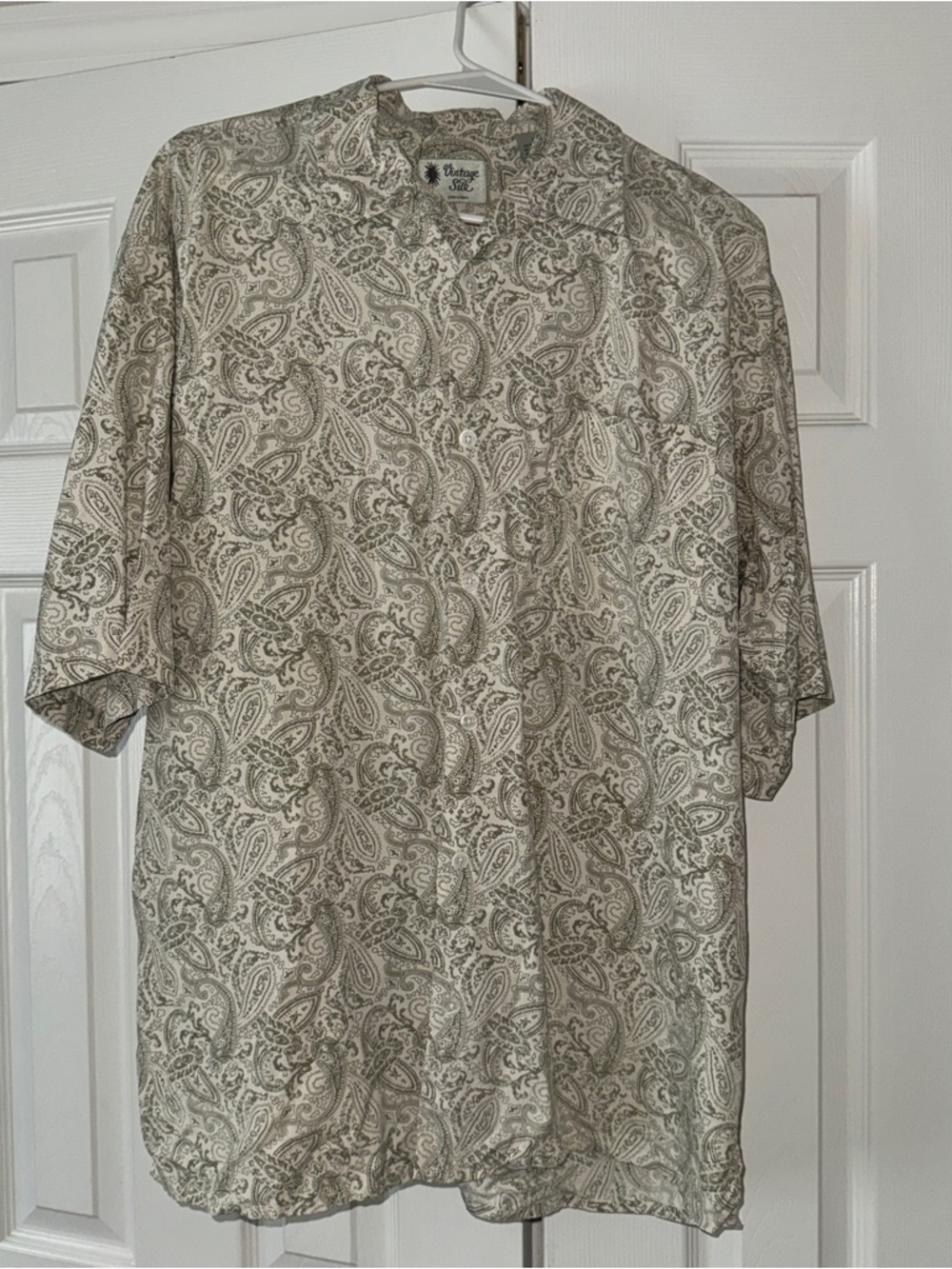 Vintage Beige and Olive Paisley Short Sleeve Button-Down Shirt